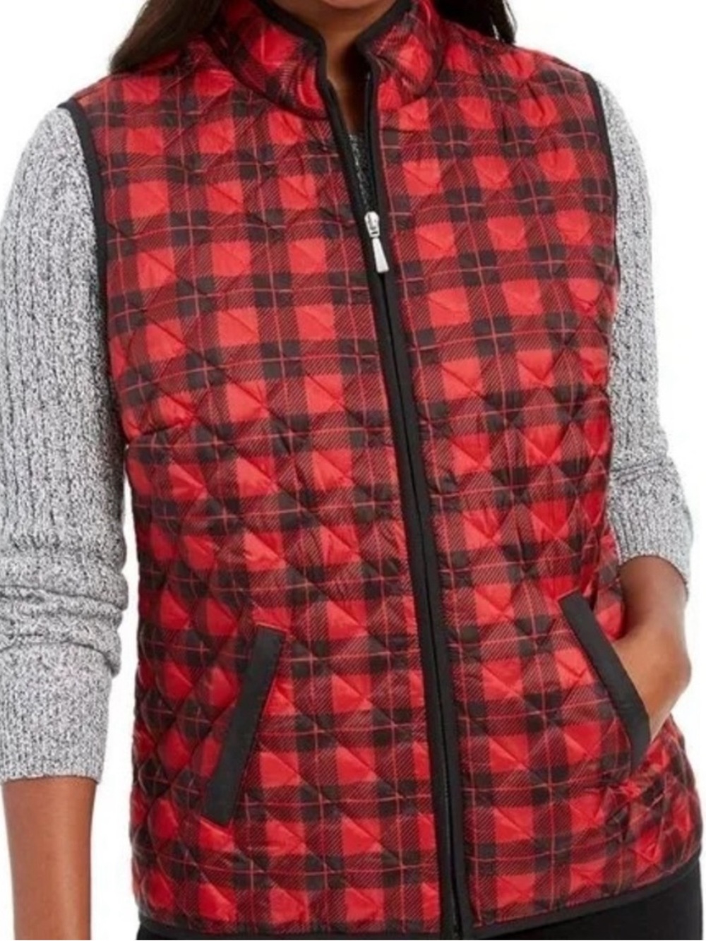 Karen Scott Red and Black Plaid Quilted Lightweight Vest XL